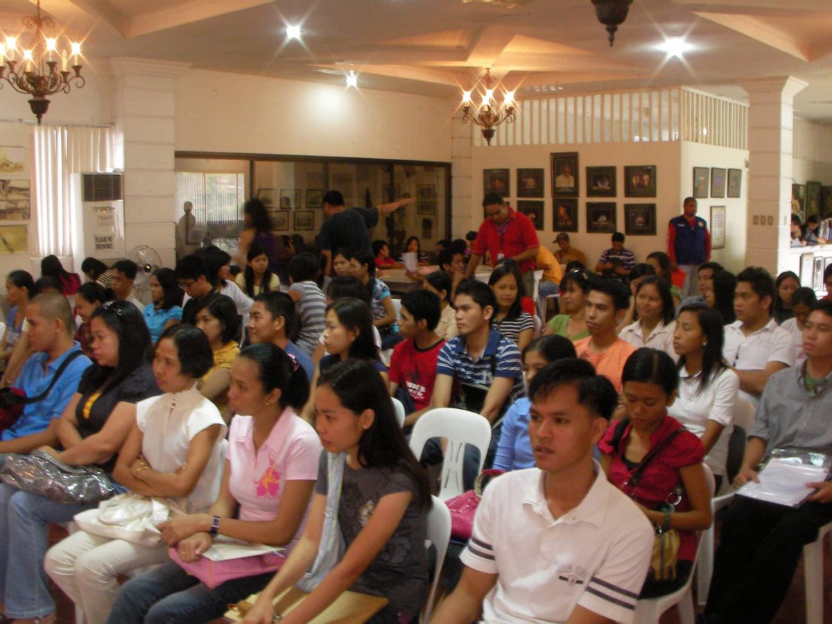 Overflowing number of applicants reached down to the stairs.